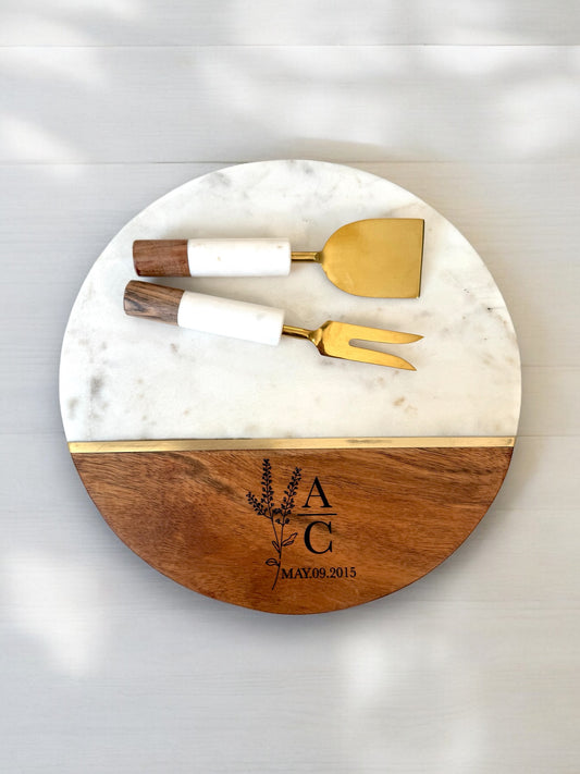 Marble & Wood Charcuterie Board | Matching Knives | White Marble Board | Grey Marble Board