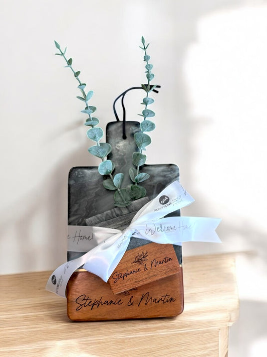 Custom Marble & Wood Handle Charcuterie Board w/Coaster Set White or Grey | White Marble Board | Grey Marble Board Coasters