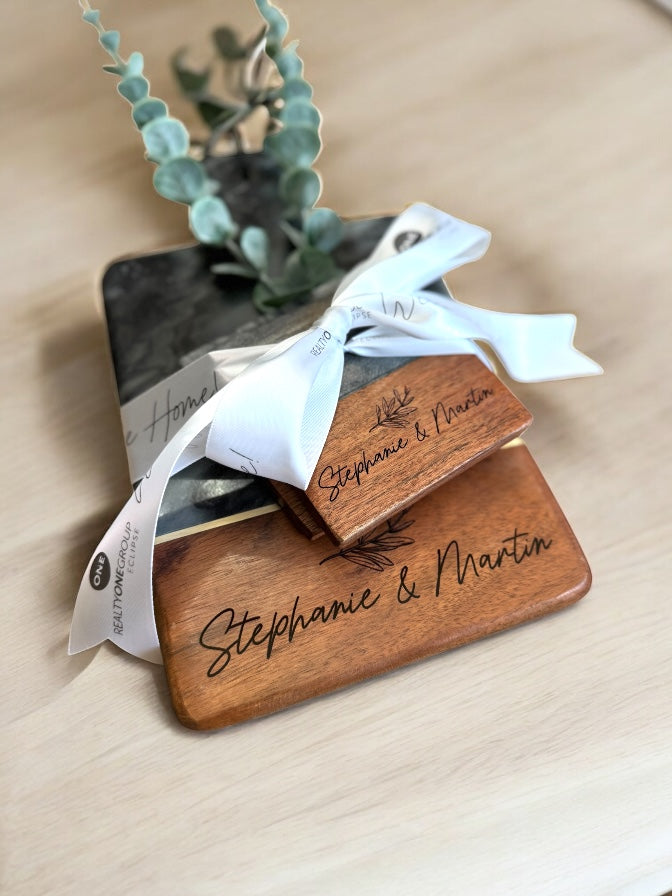 Custom Marble & Wood Handle Charcuterie Board w/Coaster Set White or Grey | White Marble Board | Grey Marble Board Coasters