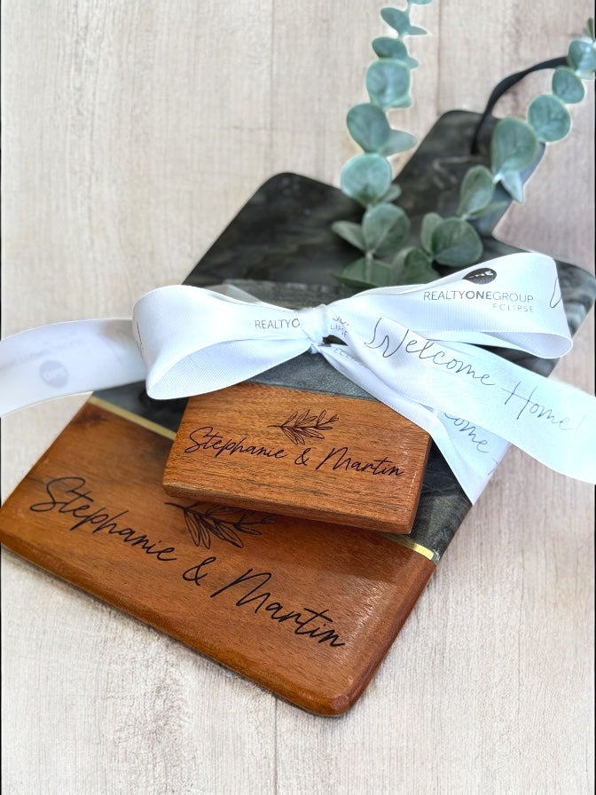 Custom Marble & Wood Handle Charcuterie Board w/Coaster Set White or Grey | White Marble Board | Grey Marble Board Coasters