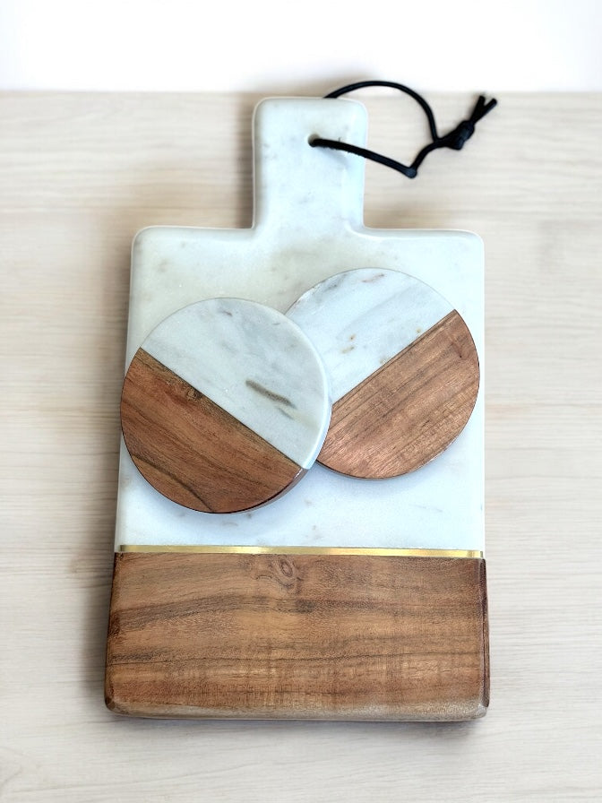Custom Marble & Wood Handle Charcuterie Board w/Coaster Set White or Grey | White Marble Board | Grey Marble Board Coasters