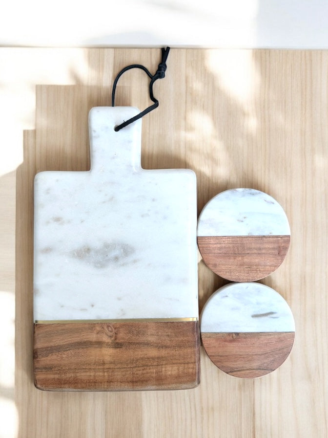 Custom Marble & Wood Handle Charcuterie Board w/Coaster Set White or Grey | White Marble Board | Grey Marble Board Coasters