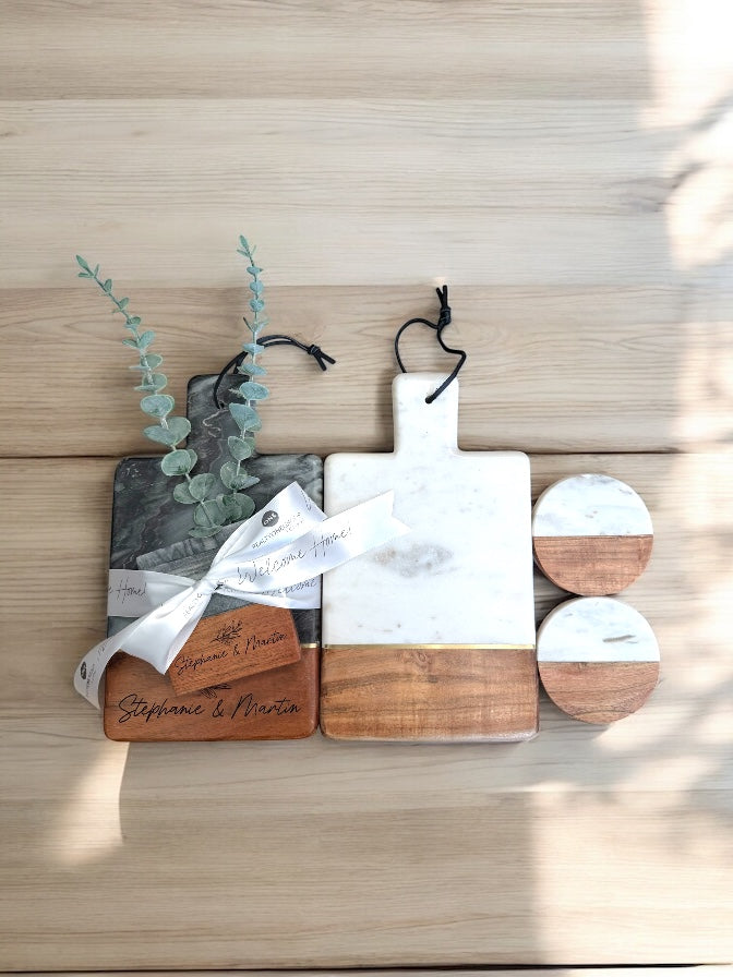 Custom Marble & Wood Handle Charcuterie Board w/Coaster Set White or Grey | White Marble Board | Grey Marble Board Coasters