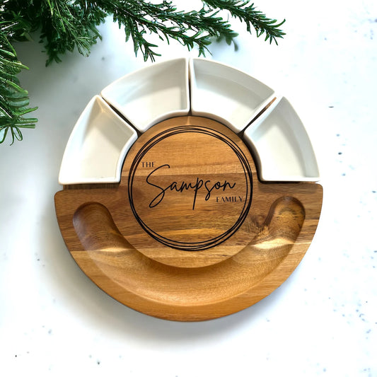 Engraved 14" Circular Serving Tray w/Condiment Ramekins