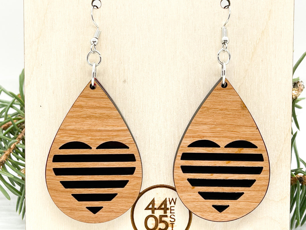 Modern Heart Slat Dangle Earrings; Wood