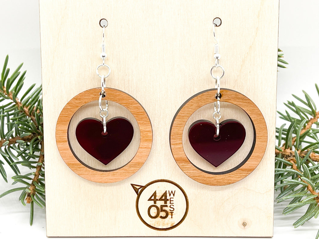 Circle Heart Earrings; Wood and Acrylic
