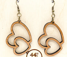 Load image into Gallery viewer, Double Dual Heart Dangle Earrings; Wood
