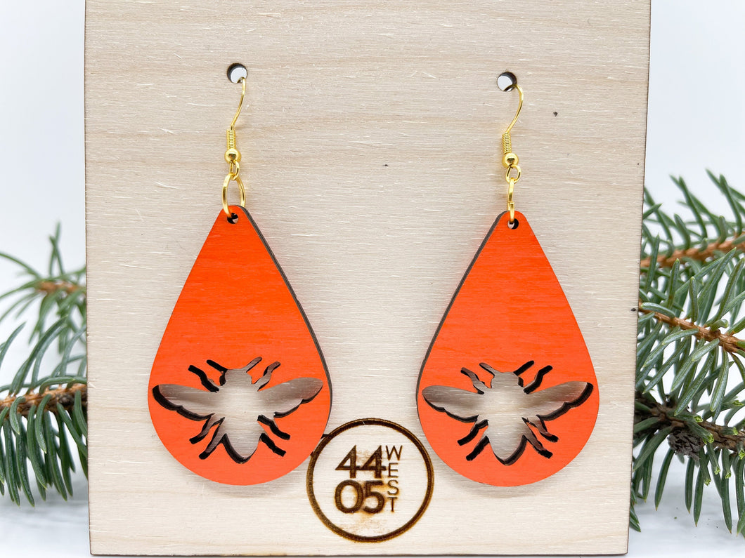 Orange Bee Dangle Earrings for Bee Lovers, Wood