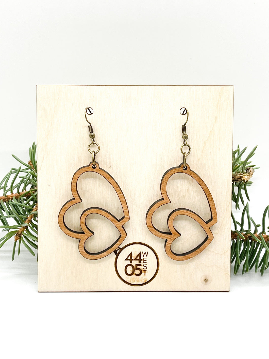 Double Dual Heart Dangle Earrings; Wood
